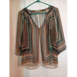 Women's Figueroa & Flower Multicolor Pattern Sheer V Neck Peasant Blouse